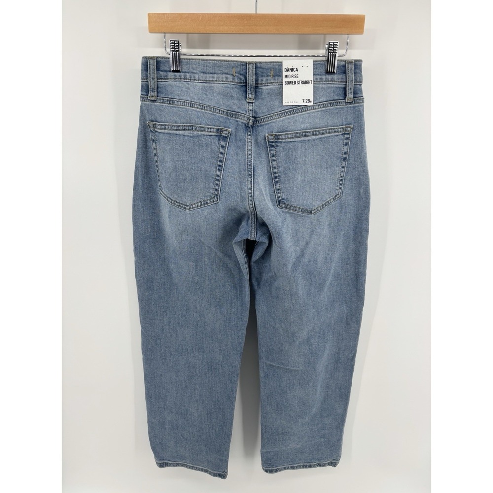 NWT Eunina Danica Bowed Straight Mid Rise Jeans Sz 7/28 Momcore Barrel Style - Picture 11 of 16